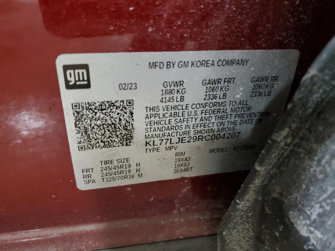 2024 CHEVROLET TRAX 2RS VIN:KL77LJE29RC004207