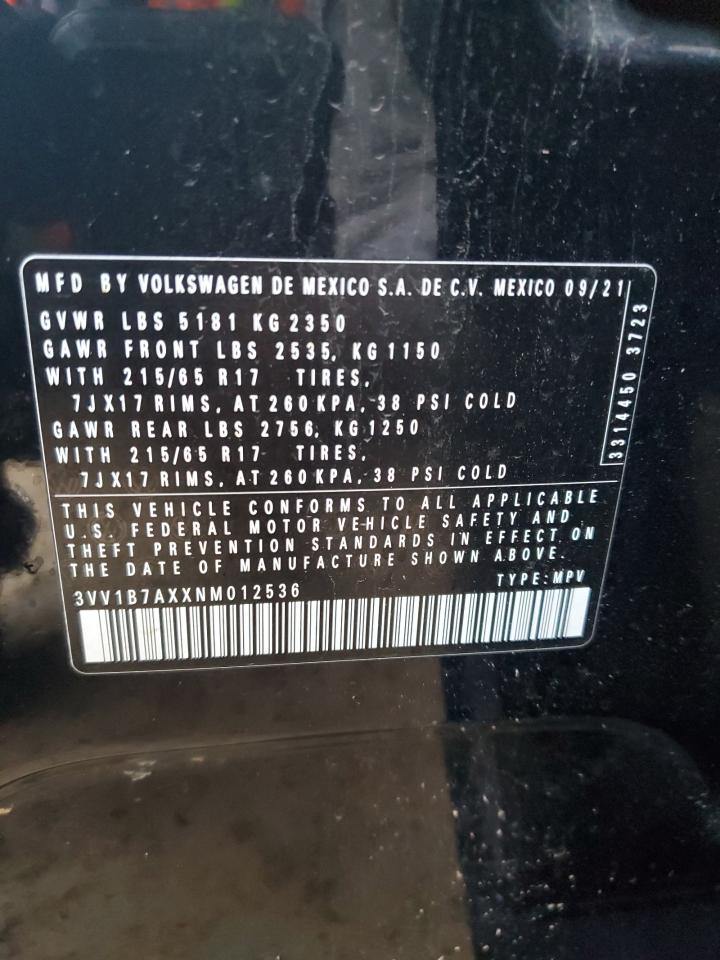 2022 VOLKSWAGEN TIGUAN S VIN:3VV1B7AXXNM012536