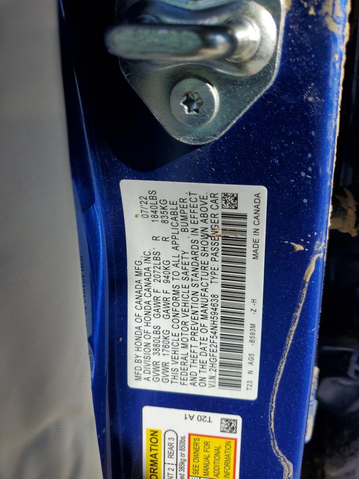 2022 HONDA CIVIC SPORT VIN:2HGFE2F54NH594638