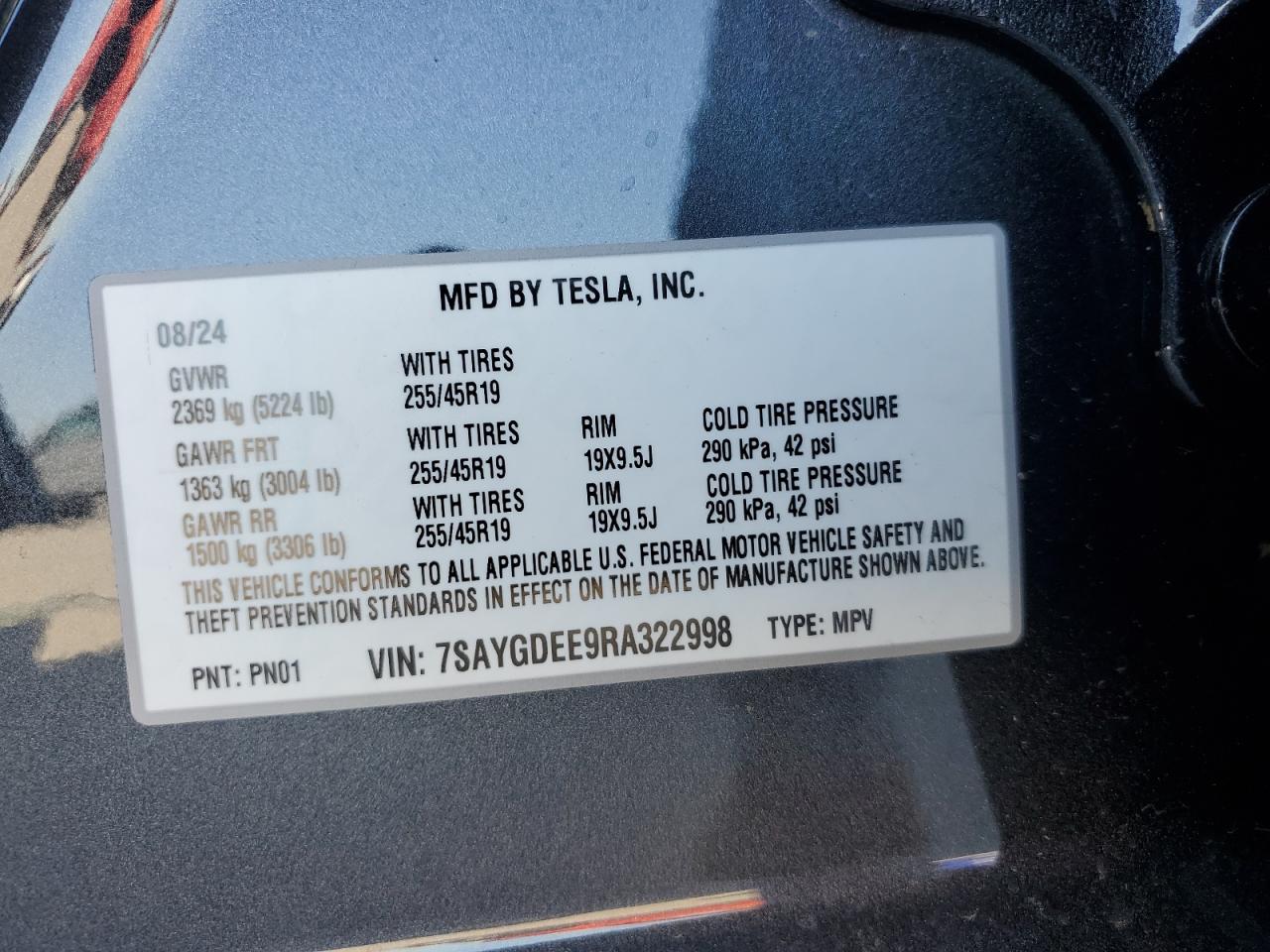 2024 TESLA MODEL Y VIN:7SAYGDEE9RA322998