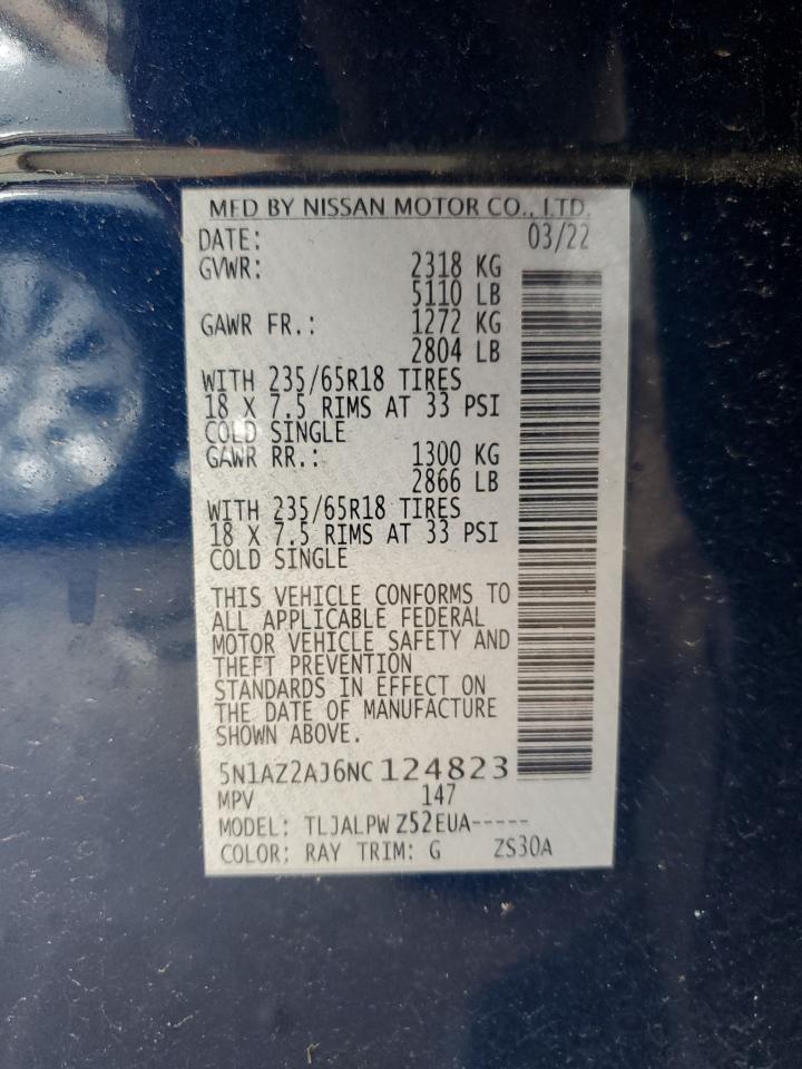 2022 NISSAN MURANO S VIN:5N1AZ2AJ6NC124823