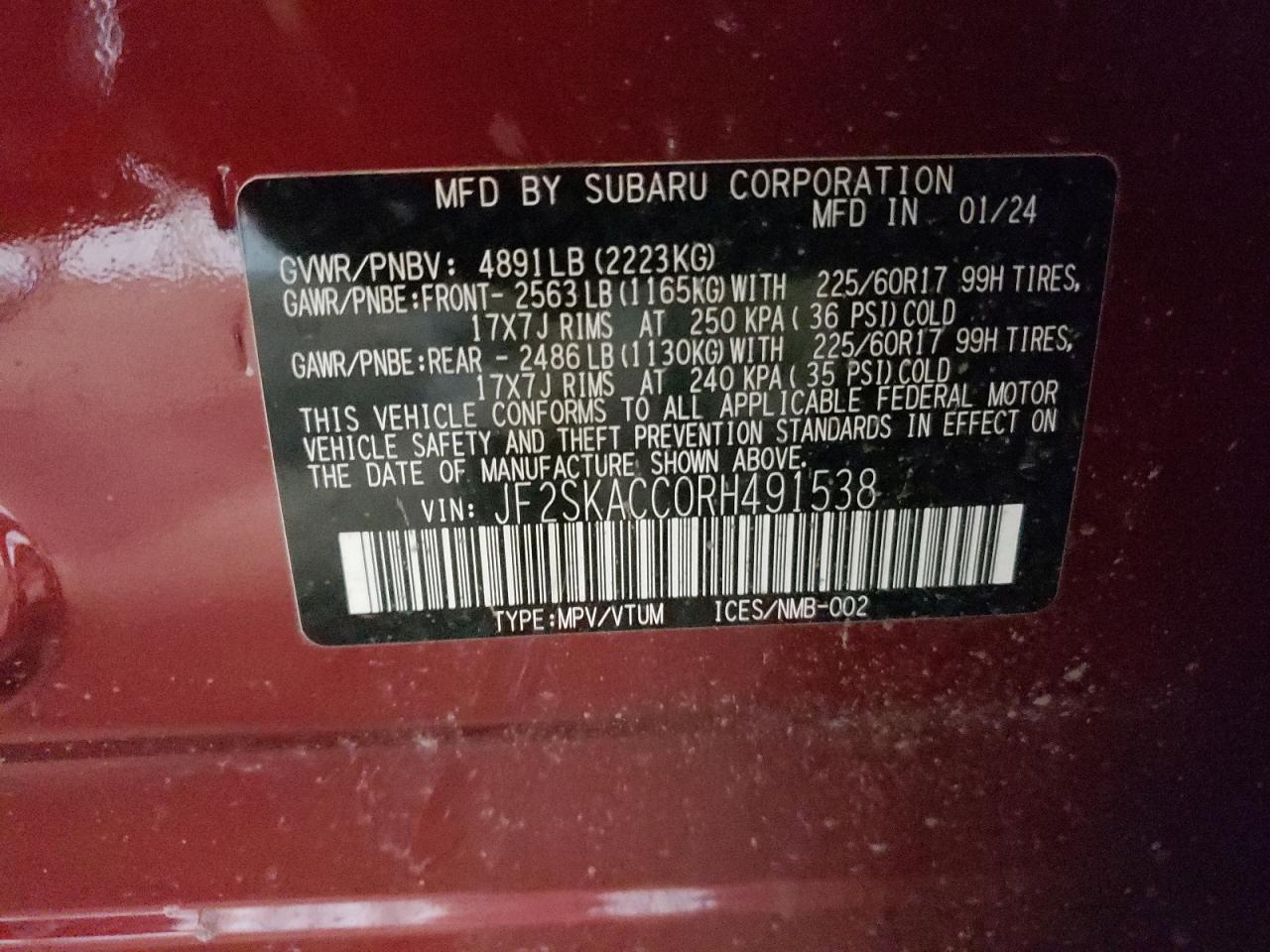 2024 SUBARU FORESTER PREMIUM VIN:JF2SKACC0RH491538