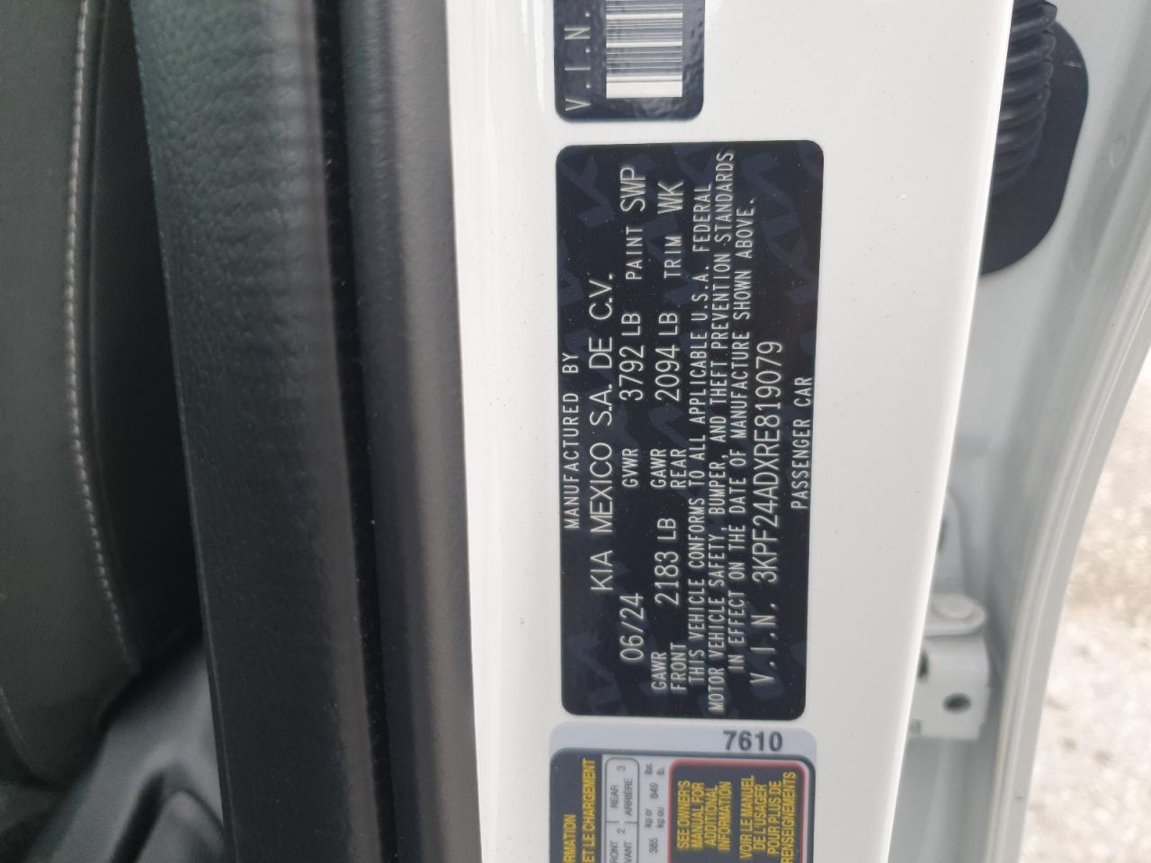 2024 KIA FORTE LX VIN:3KPF24ADXRE819079
