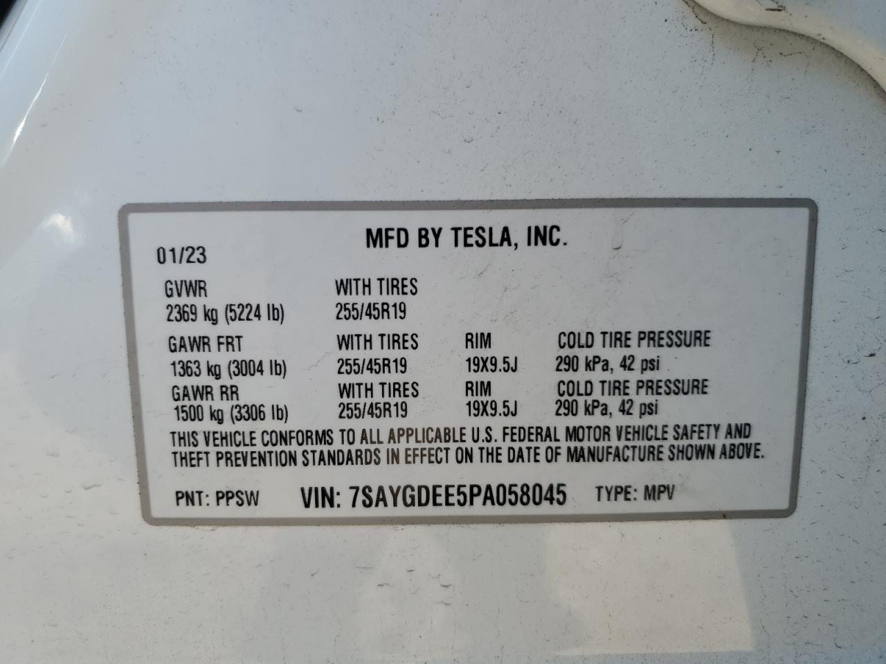 2023 TESLA MODEL Y VIN:7SAYGDEE5PA058045