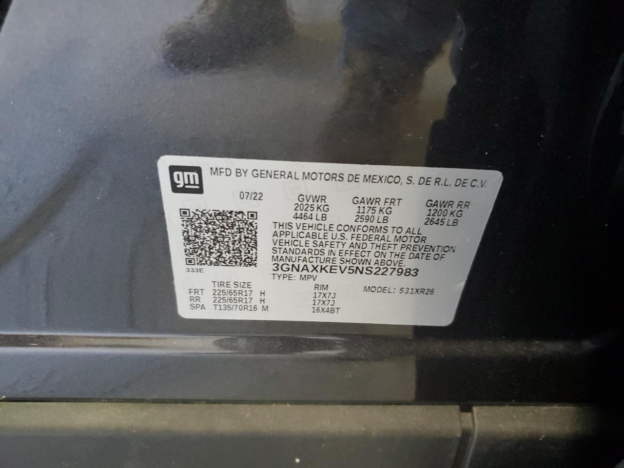 2022 CHEVROLET EQUINOX LT VIN:3GNAXKEV5NS227983