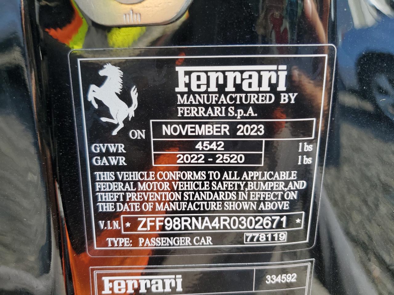 2024 FERRARI ROMA VIN:ZFF98RNA4R0302671