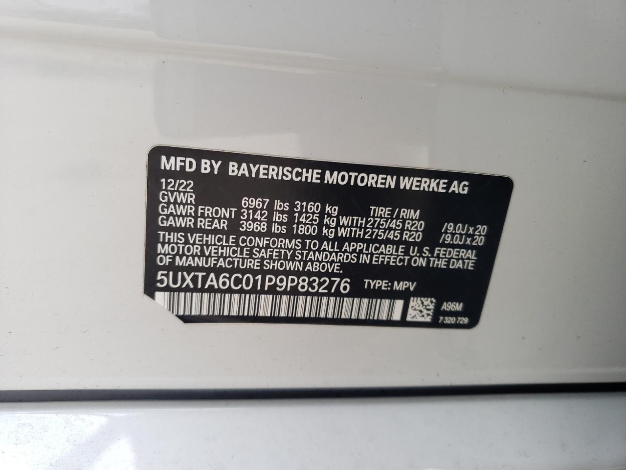 2023 BMW X5 XDRIVE45E VIN:5UXTA6C01P9P83276