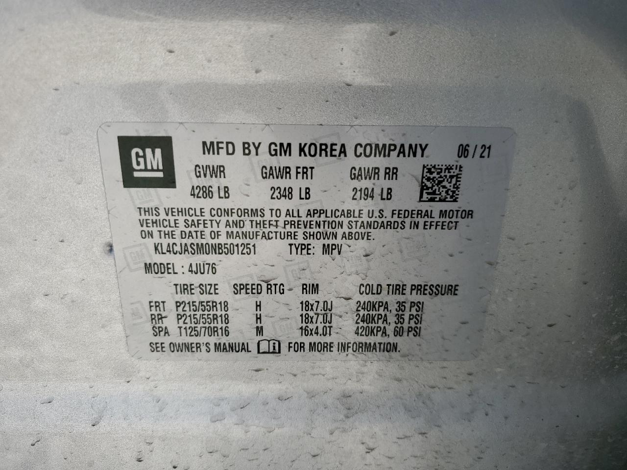 2022 BUICK ENCORE PREFERRED VIN:KL4CJASM0NB501251