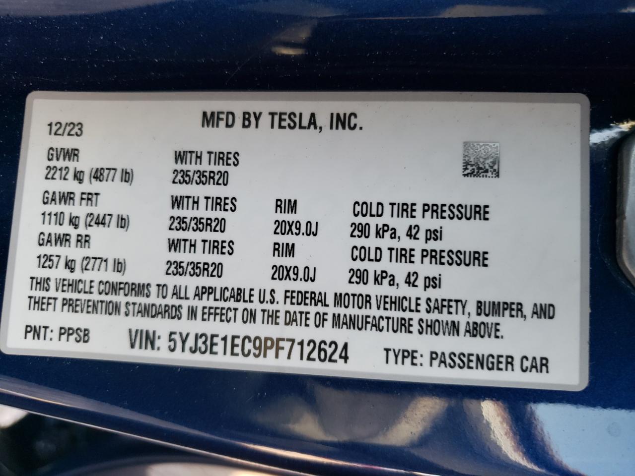 2023 TESLA MODEL 3 VIN:5YJ3E1EC9PF712624