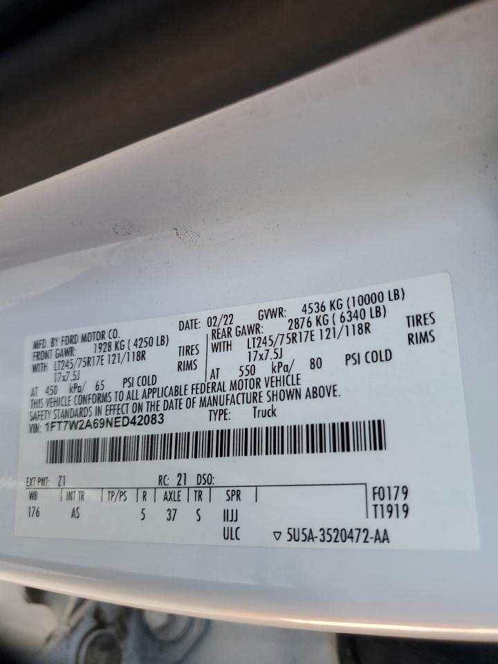 2022 FORD F250 SUPER DUTY VIN:1FT7W2A69NED42083