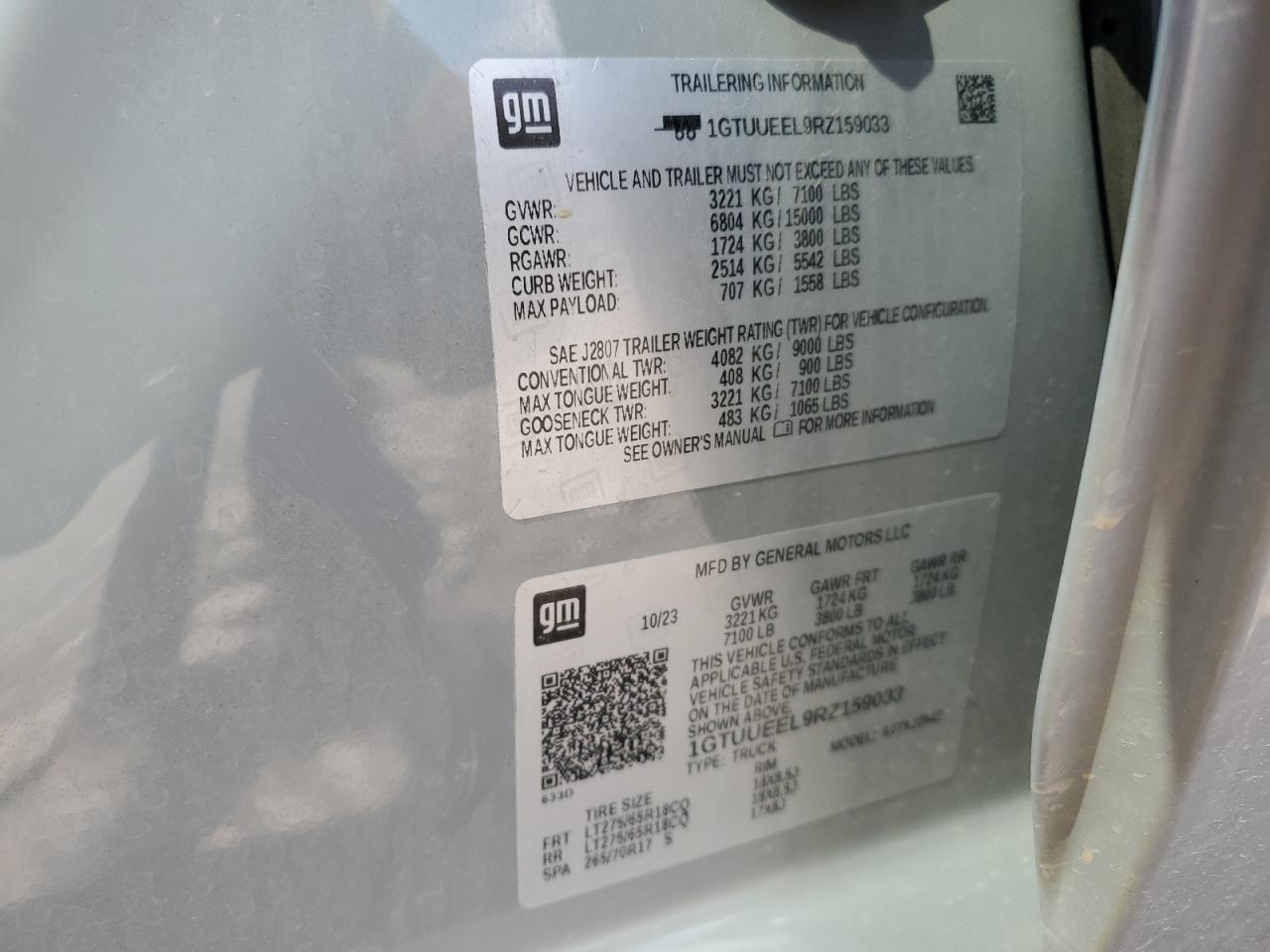 2024 GMC SIERRA K1500 AT4 VIN:1GTUUEEL9RZ159033