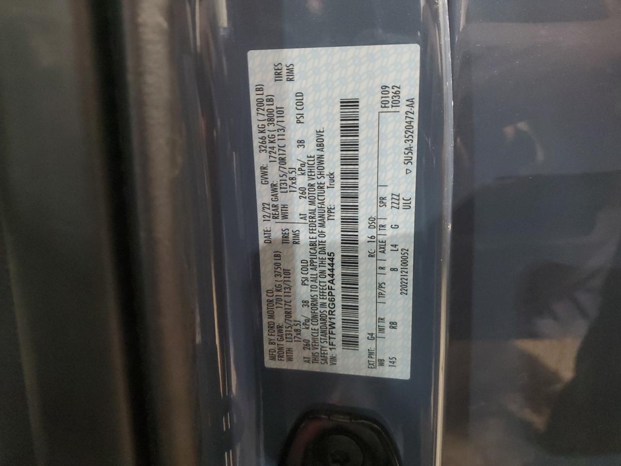 2023 FORD F150 RAPTOR VIN:1FTFW1RG6PFA44445