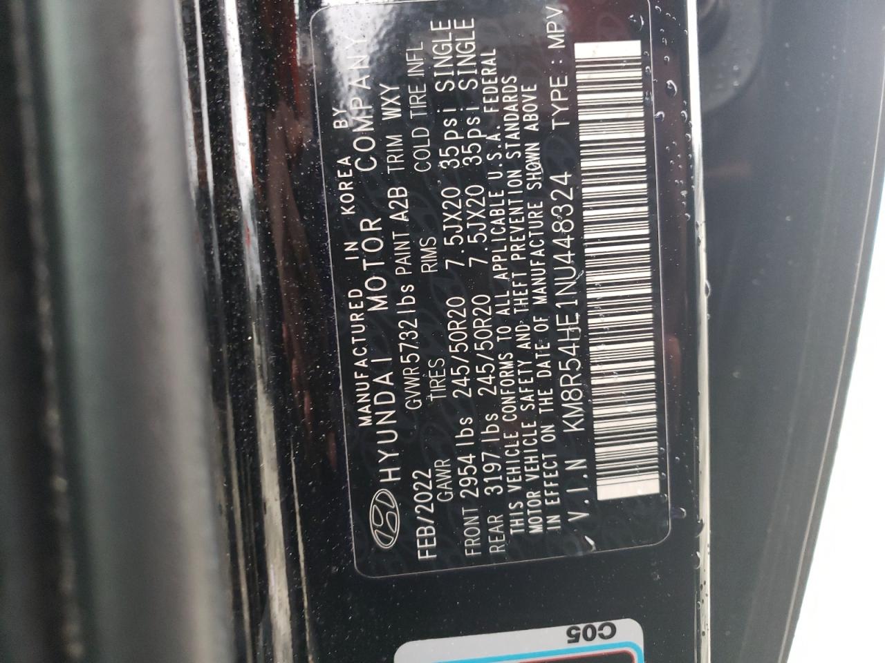 2022 HYUNDAI PALISADE LIMITED VIN:KM8R54HE1NU448324