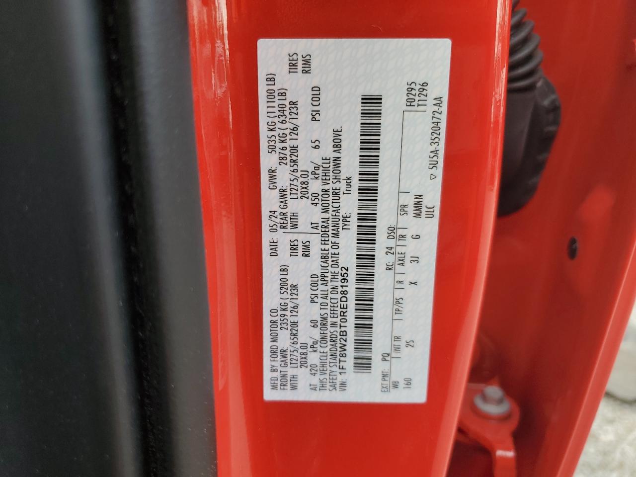 2024 FORD F250 SUPER DUTY VIN:1FT8W2BT0RED81952