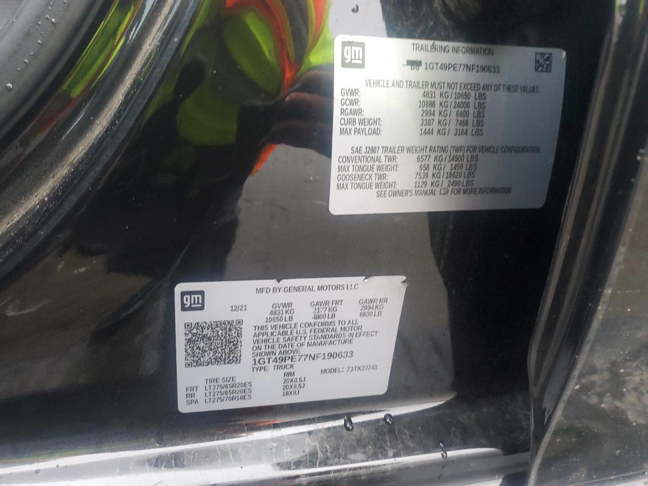 2022 GMC SIERRA K2500 AT4 VIN:1GT49PE77NF190633