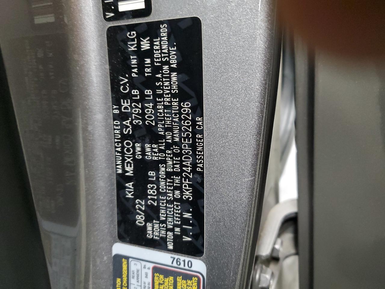 2023 KIA FORTE LX VIN:3KPF24AD3PE526296