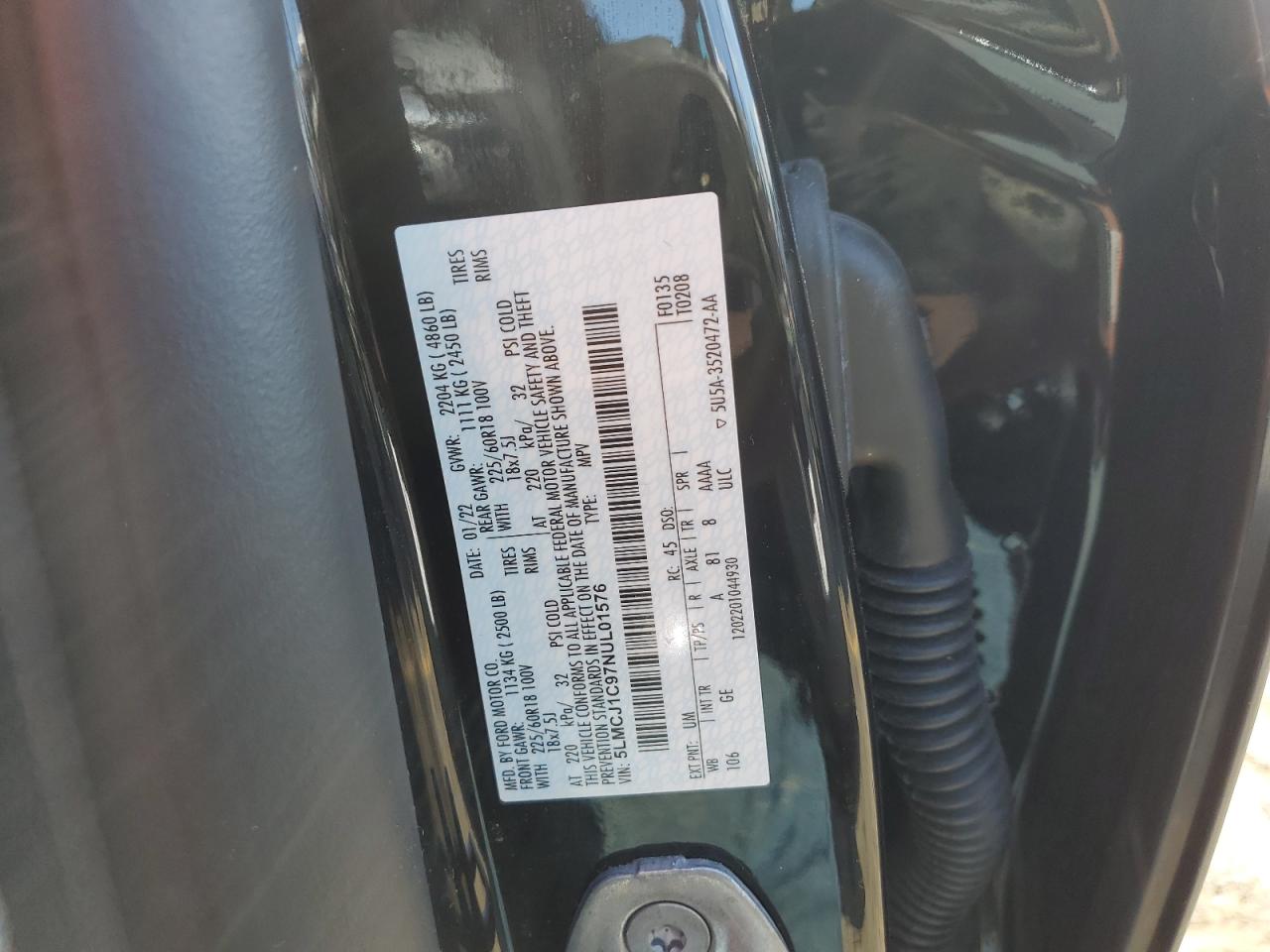 2022 LINCOLN CORSAIR VIN:5LMCJ1C97NUL01576