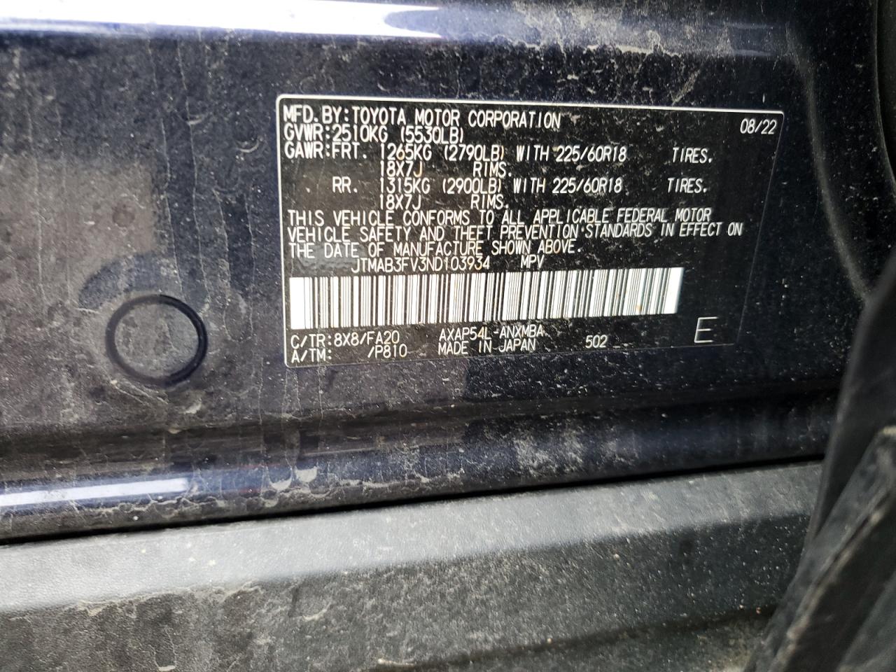 2022 TOYOTA RAV4 PRIME SE VIN:JTMAB3FV3ND103934