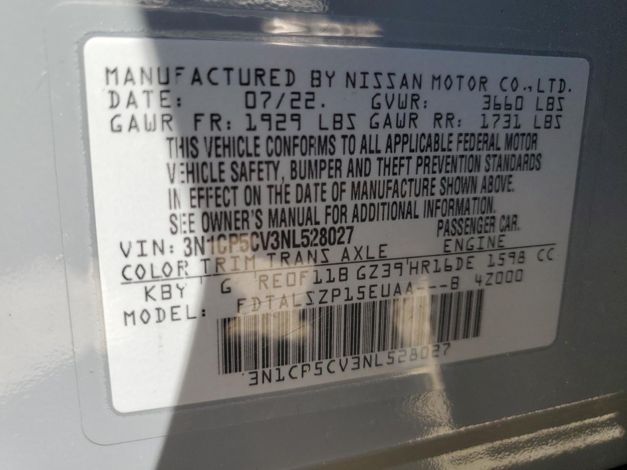 2022 NISSAN KICKS SV VIN:3N1CP5CV3NL528027