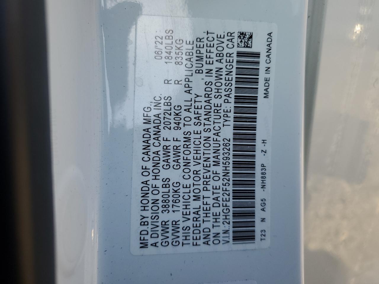 2022 HONDA CIVIC SPORT VIN:2HGFE2F52NH593262