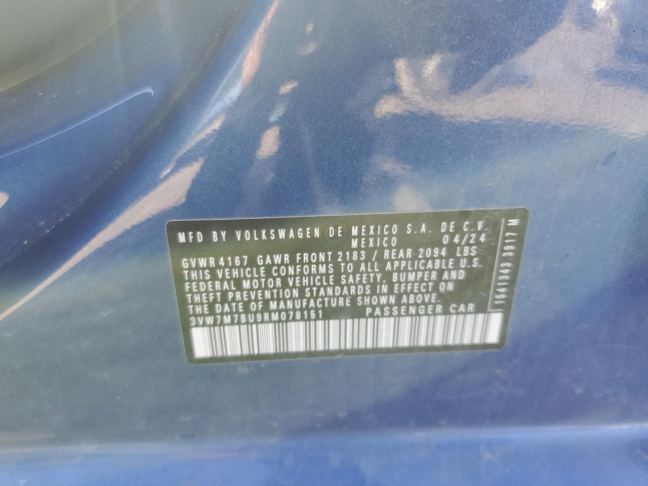 2024 VOLKSWAGEN JETTA SE VIN:3VW7M7BU9RM078151