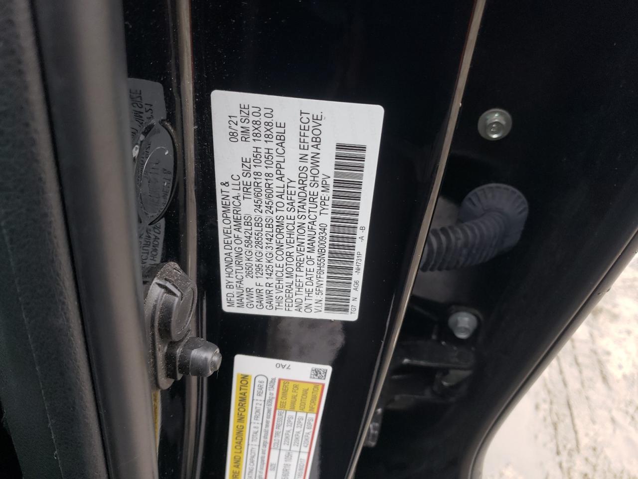2022 HONDA PILOT EXL VIN:5FNYF6H55NB009340