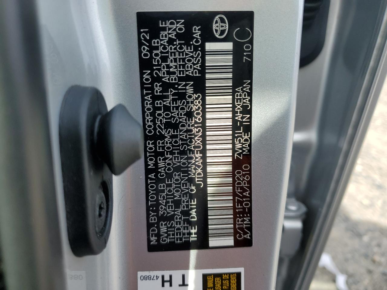 2022 TOYOTA PRIUS NIGHT SHADE VIN:JTDKAMFUXN3160383