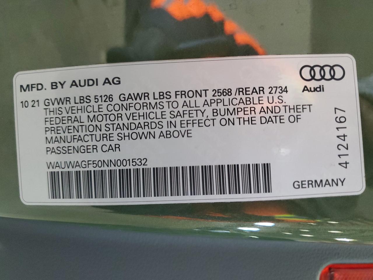 2022 AUDI A5 PREMIUM PLUS 45 VIN:WAUWAGF50NN001532