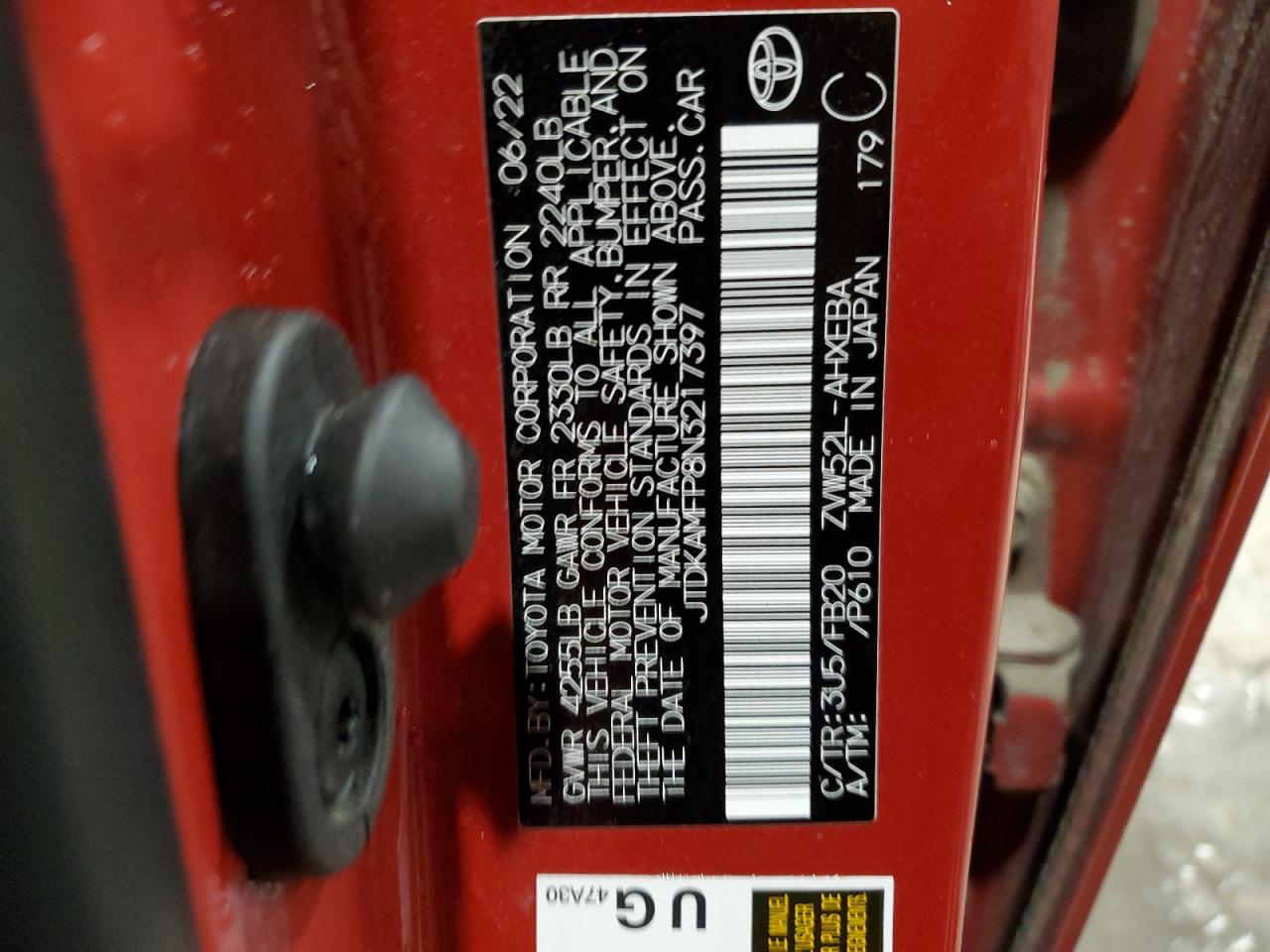 2022 TOYOTA PRIUS PRIME LE VIN:JTDKAMFP8N3217397