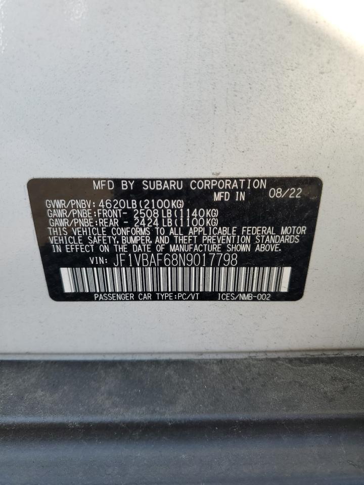 2022 SUBARU WRX PREMIUM VIN:JF1VBAF68N9017798