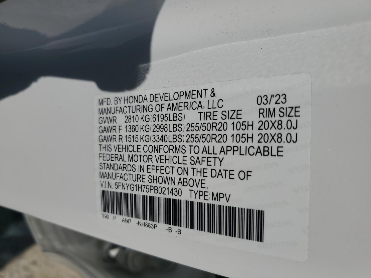 2023 HONDA PILOT TOURING VIN:5FNYG1H75PB021430