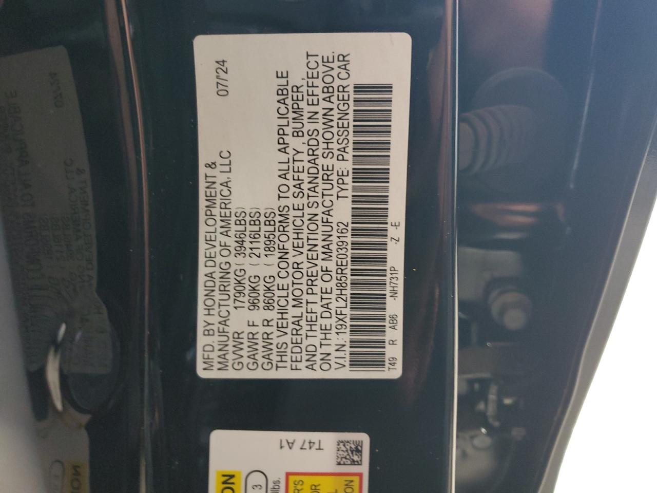 2024 HONDA CIVIC SPORT VIN:19XFL2H85RE039162