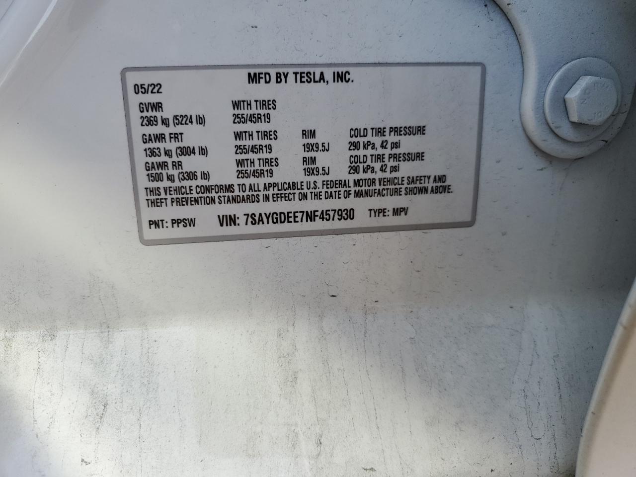 2022 TESLA MODEL Y VIN:7SAYGDEE7NF457930
