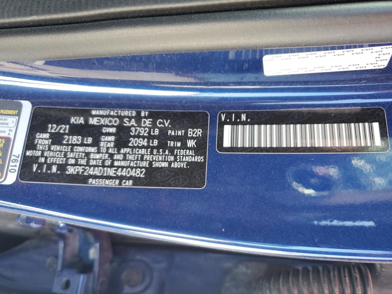 2022 KIA FORTE FE VIN:3KPF24AD1NE440482