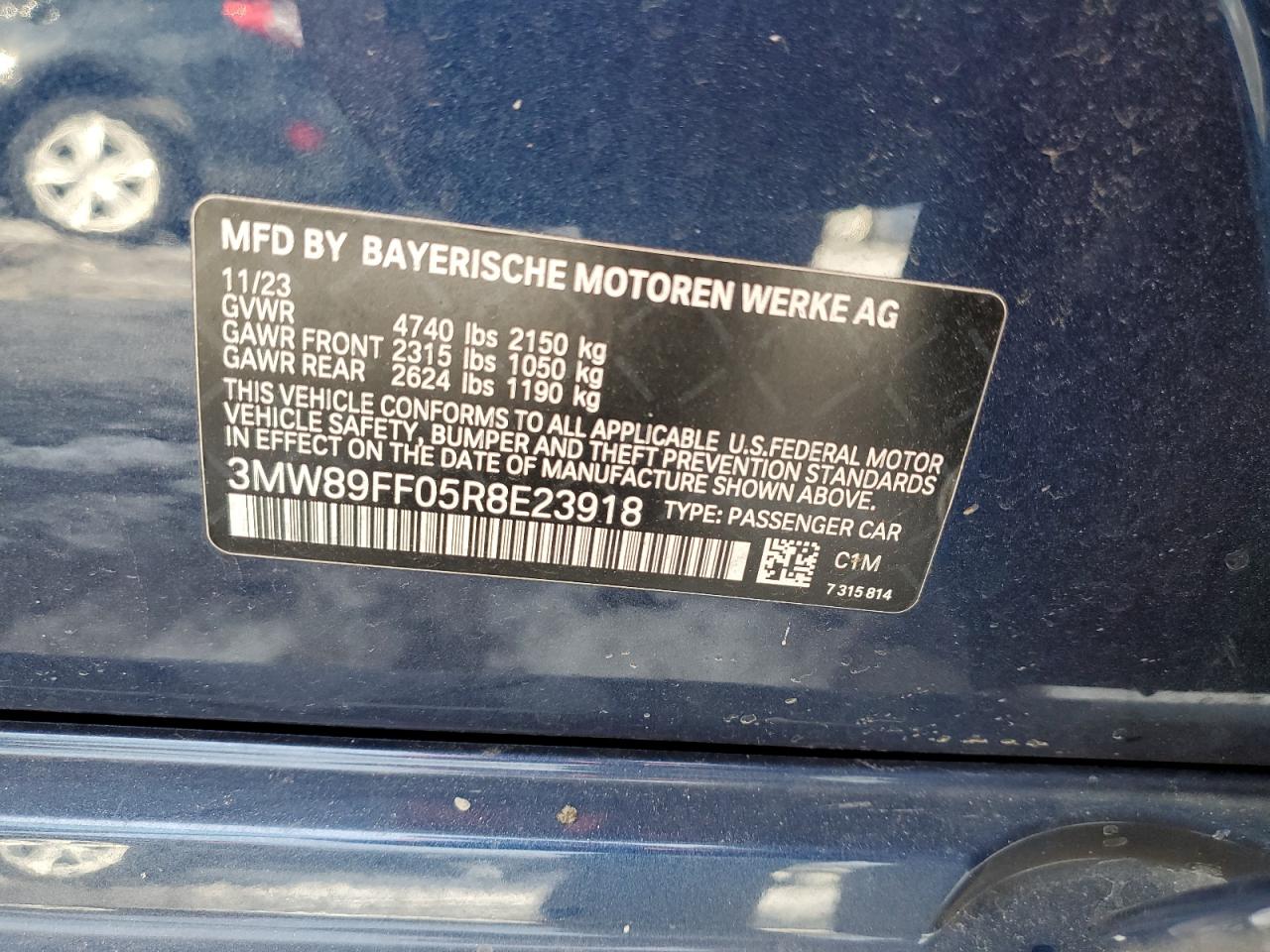 2024 BMW 330XI VIN:3MW89FF05R8E23918