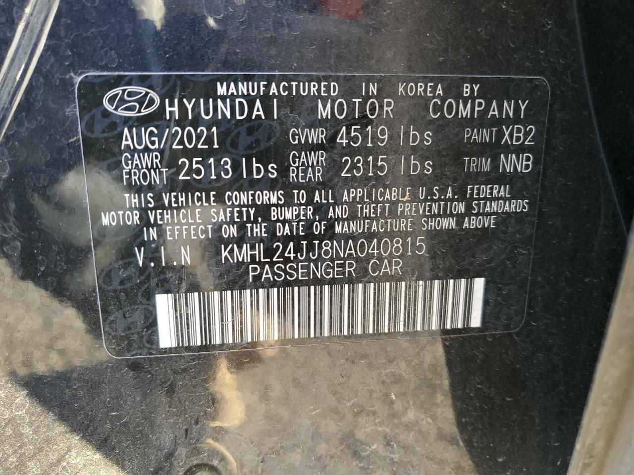 2022 HYUNDAI SONATA HYBRID VIN:KMHL24JJ8NA040815