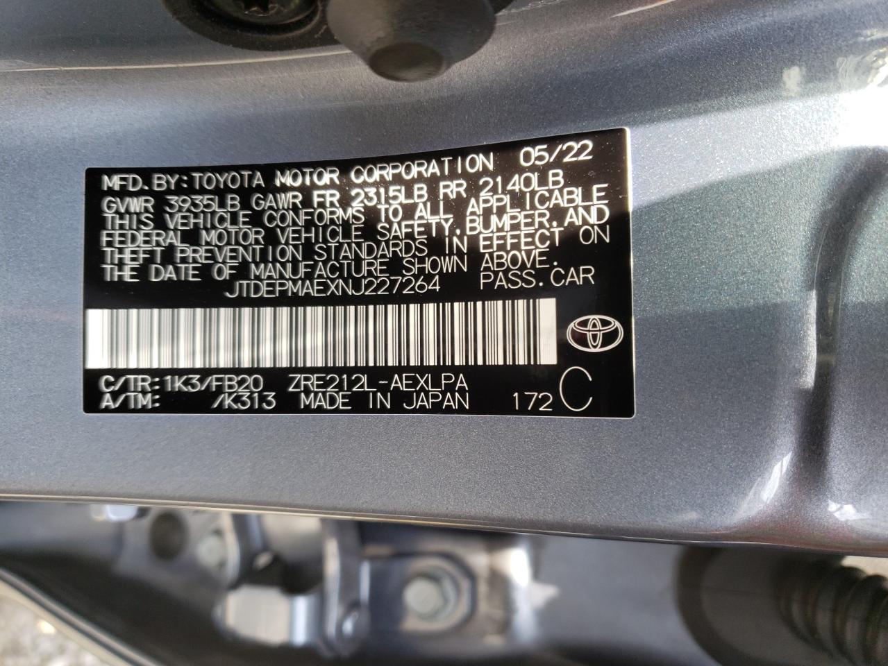 2022 TOYOTA COROLLA LE VIN:JTDEPMAEXNJ227264