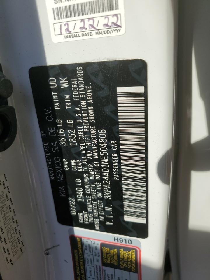 2022 KIA RIO LX VIN:3KPA24AD1NE504806
