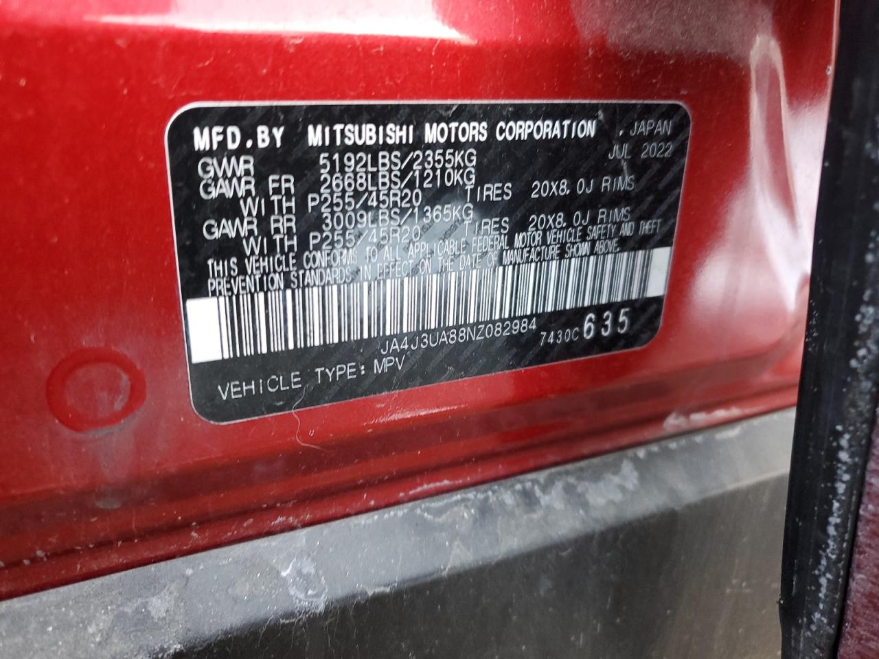 2022 MITSUBISHI OUTLANDER SE VIN:JA4J3UA88NZ082984