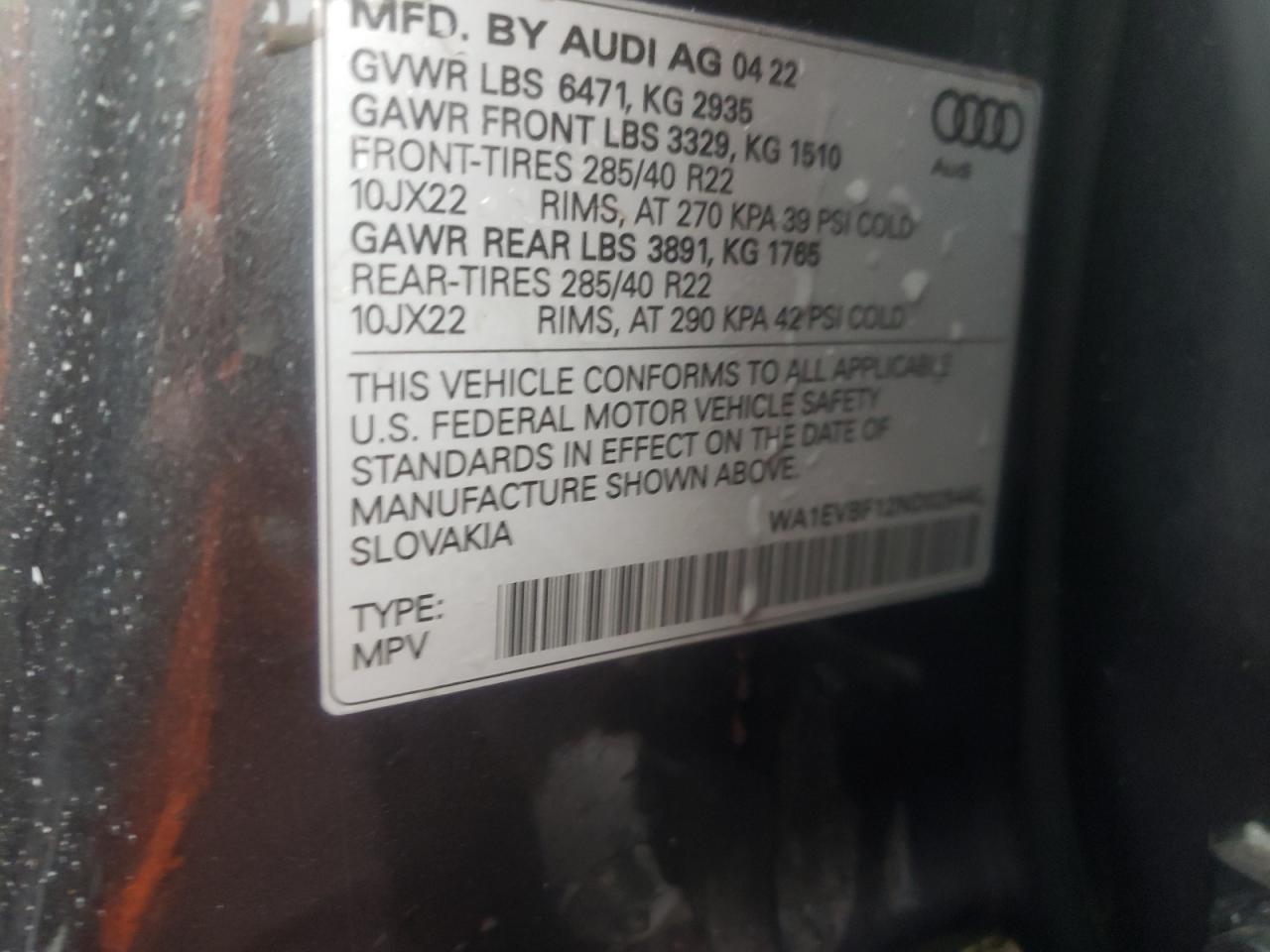 2022 AUDI Q8 PREMIUM PLUS S-LINE VIN:WA1EVBF12ND025446