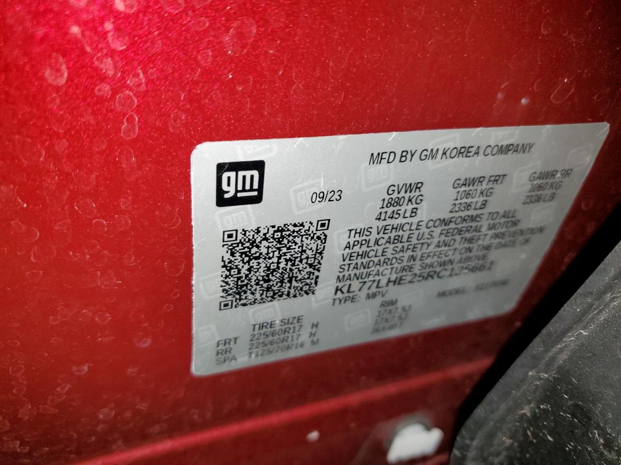 2024 CHEVROLET TRAX 1LT VIN:KL77LHE25RC135661