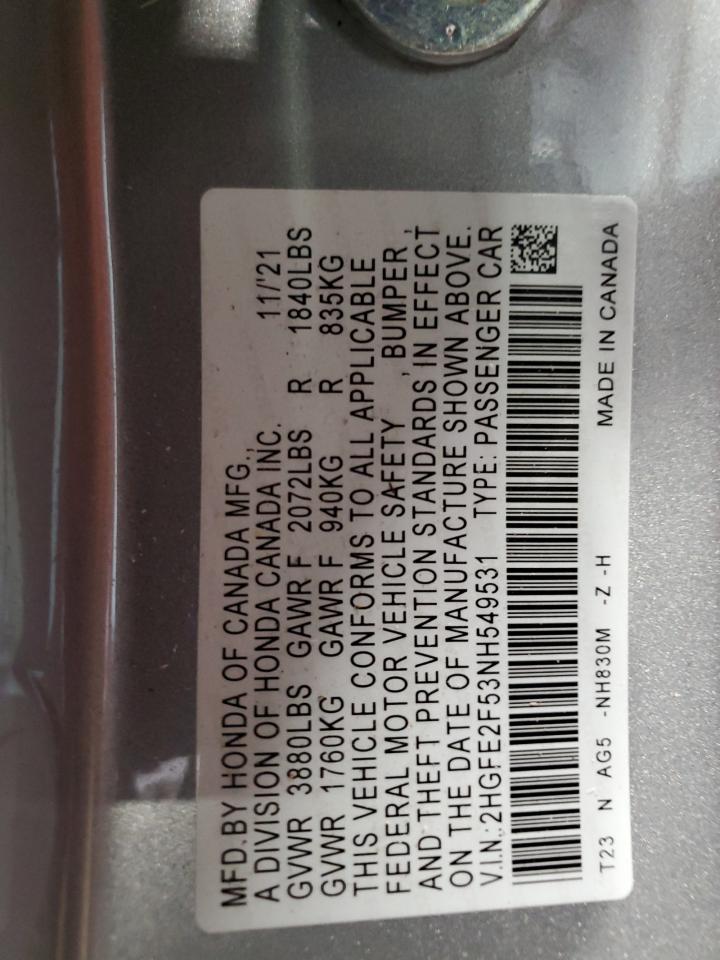 2022 HONDA CIVIC SPORT VIN:2HGFE2F53NH549531