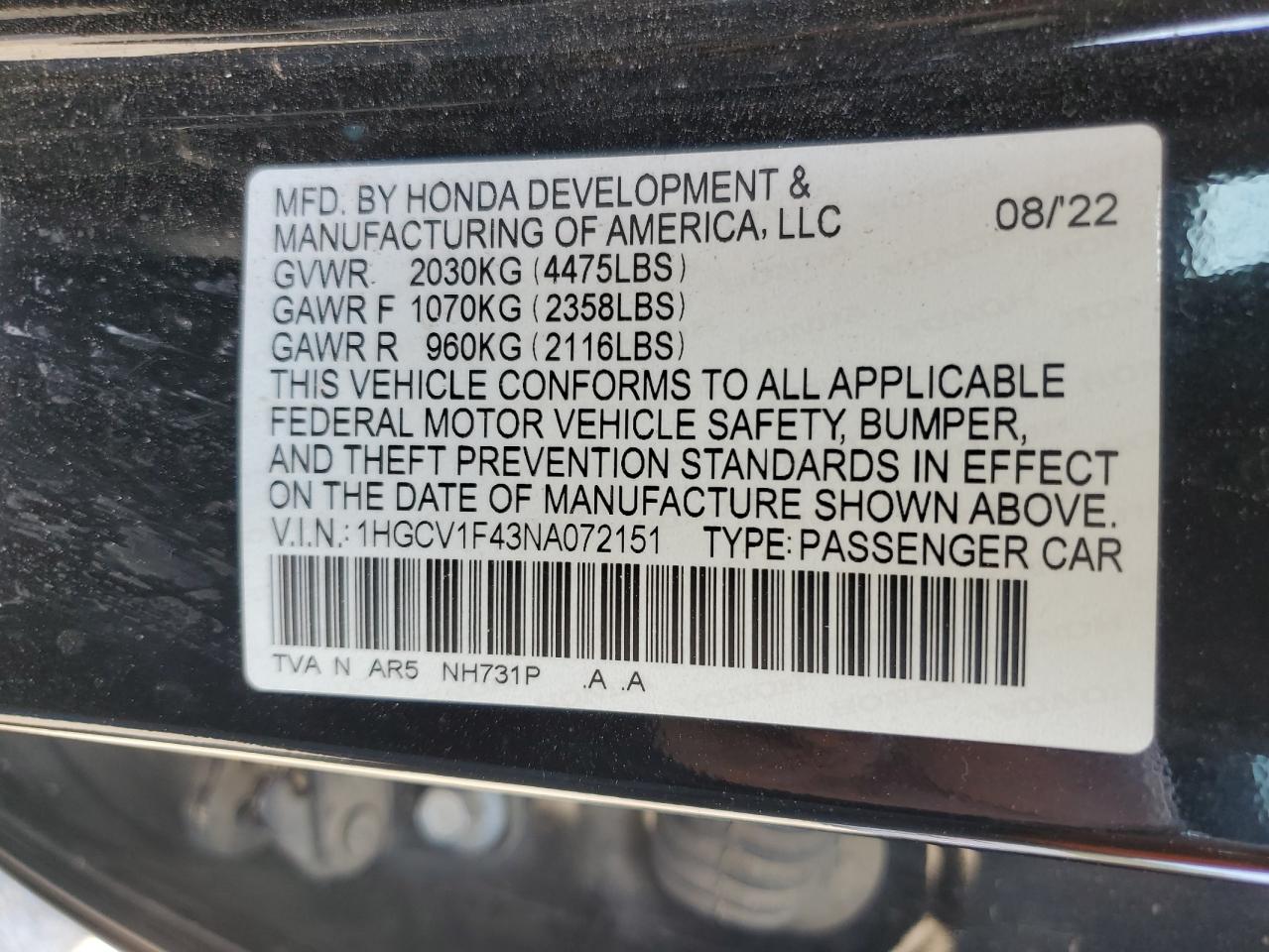 2022 HONDA ACCORD SPORT SE VIN:1HGCV1F43NA072151