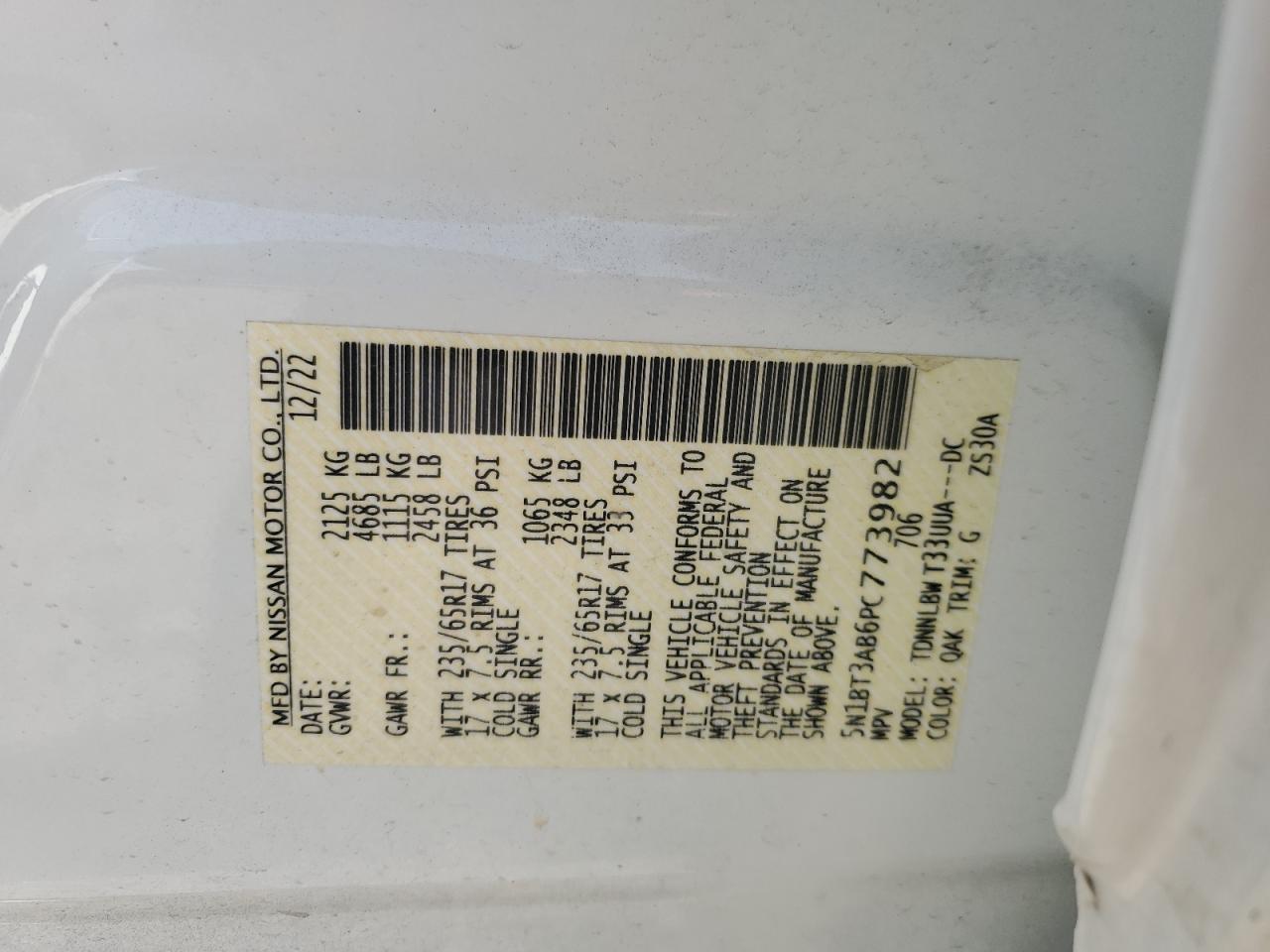 2023 NISSAN ROGUE S VIN:5N1BT3AB6PC773982