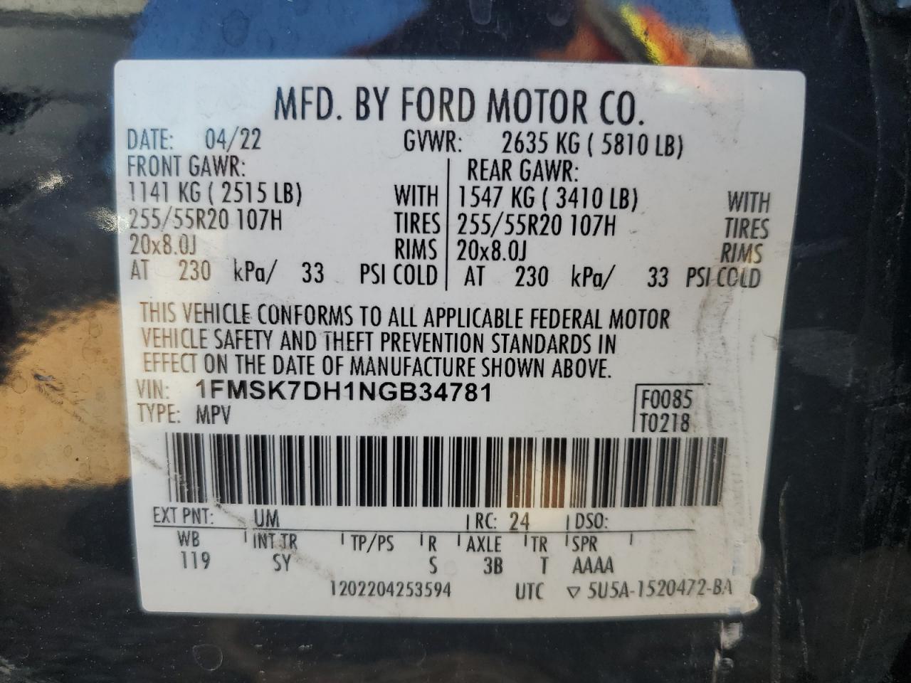 2022 FORD EXPLORER XLT VIN:1FMSK7DH1NGB34781