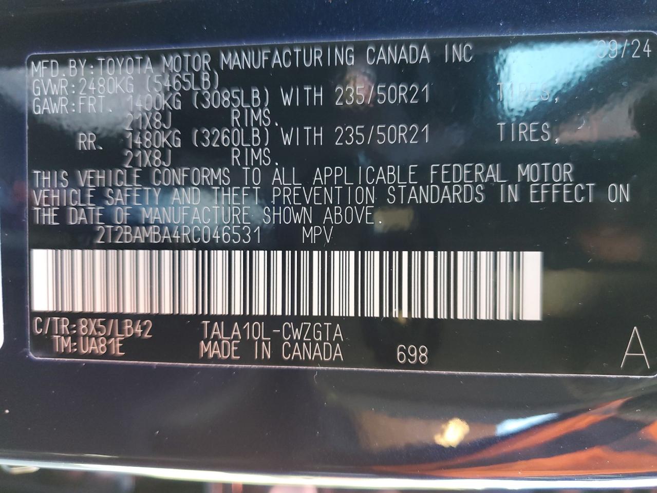 2024 LEXUS RX 350 BASE VIN:2T2BAMBA4RC046531