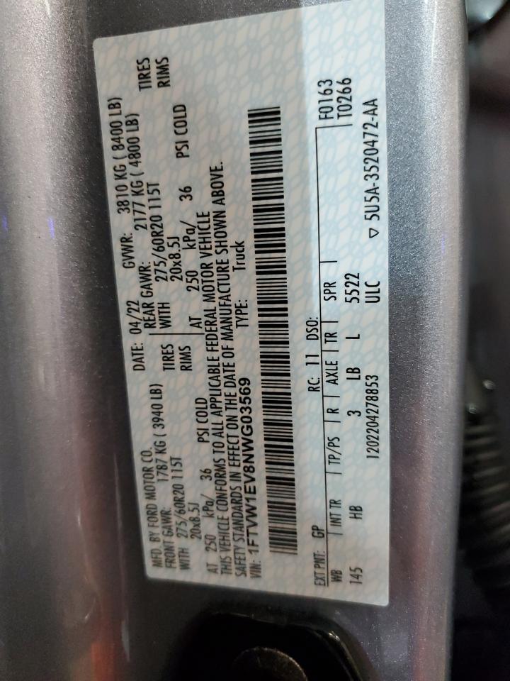 2022 FORD F150 LIGHTNING PRO VIN:1FTVW1EV8NWG03569