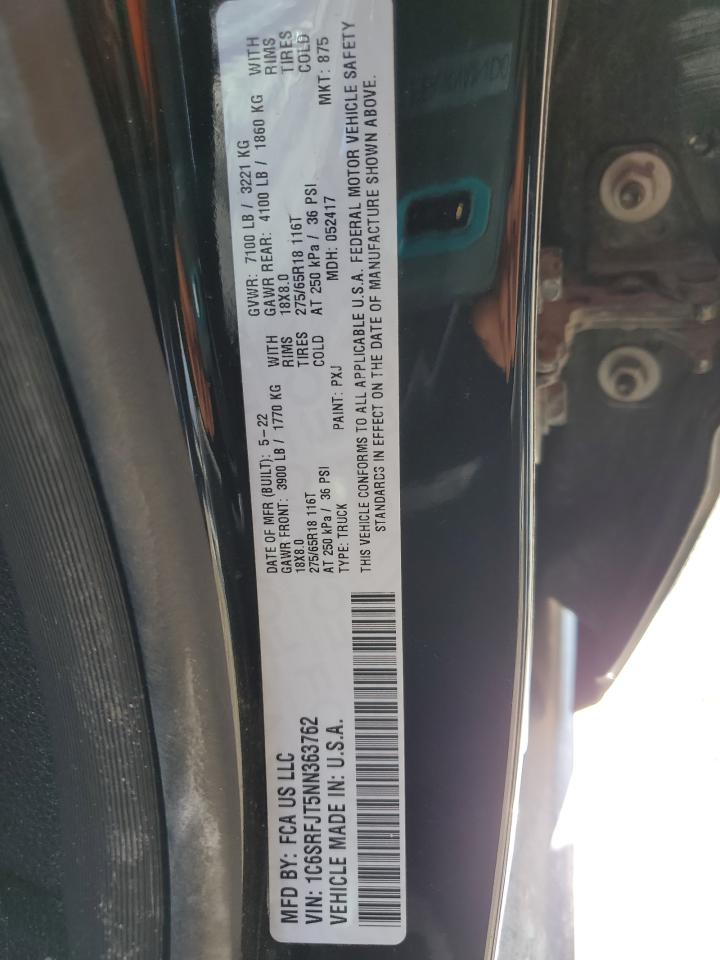 2022 RAM 1500 LARAMIE VIN:1C6SRFJT5NN363762