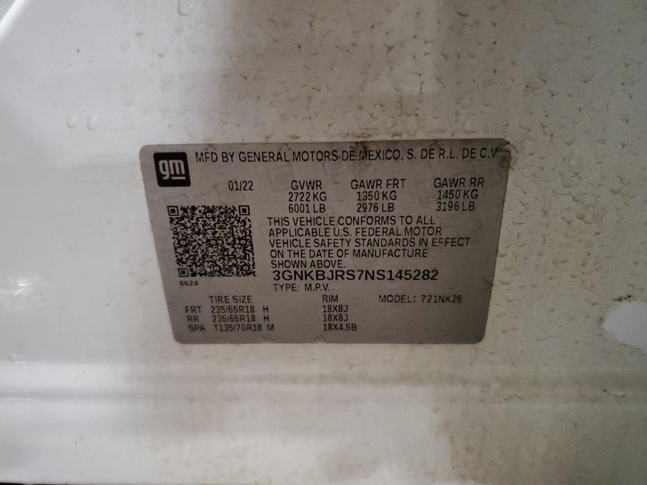 2022 CHEVROLET BLAZER 3LT VIN:3GNKBJRS7NS145282