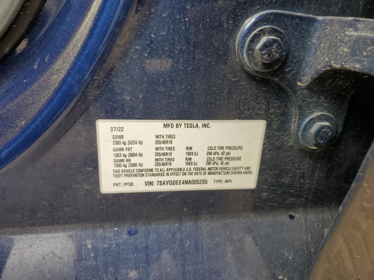 2022 TESLA MODEL Y VIN:7SAYGDEE4NA005205